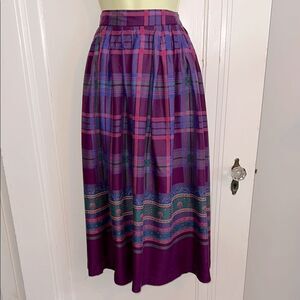 Vintage 80s Chaus Purple, Pink & Green Plaid Pleated Midi Full Rayon Skirt